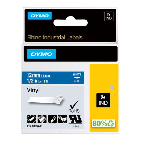 Labeltape dymo rhino industrieel vinyl 12mm blauw