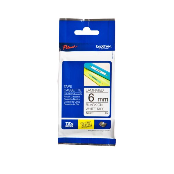 Labeltape Brother P-touch TZe-211 standaard 6mm zwart op wit | 25 stuks