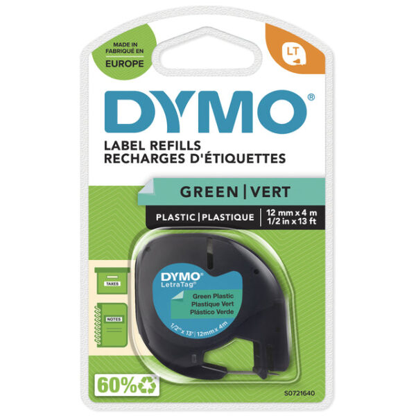 Labeltape Dymo LetraTag plastic 12mm zwart op groen | 10 stuks