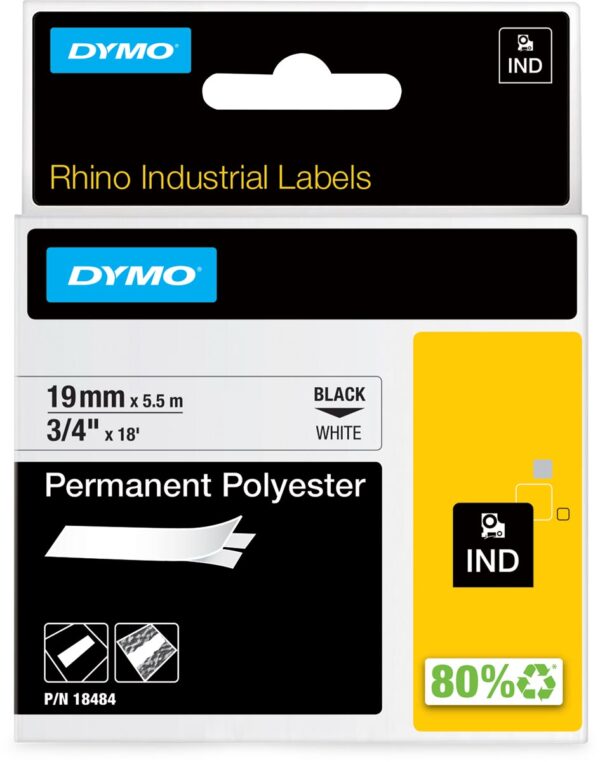 Dymo RHINO permanente polyester tape 19 mm, zwart op wit